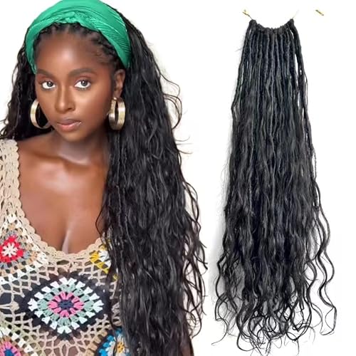 Pre-looped Crochet Boho Faux Locs with Human Hair body wave Ends Boho Hair Braids Goddess Dreadlocks Hair for Black Women Natural Color 26 Inch (Pack of 2)