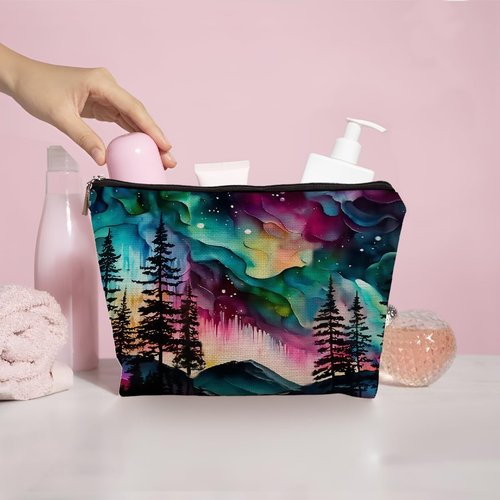 uinwk Northern Lights Makeup Bag for Women, Aesthetic Makeup Bag, Aurora Borealis Cosmetic Bags, Womens Makeup Bag, Canvas Makeup Bag, Large Makeup Pouch