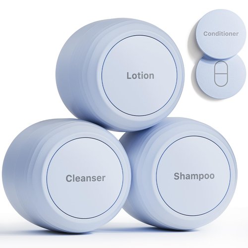 Trimcoo New Travel Toiletry Containers [Ultra Leakproof] TSA-Approved, PLA Hard Shell Jars with 5 Magnetic Labels, Wide Mouth Bottles for Lotion, Cleanser, Shampoo, Conditioner, Blue, 3 Pack, 1OZ