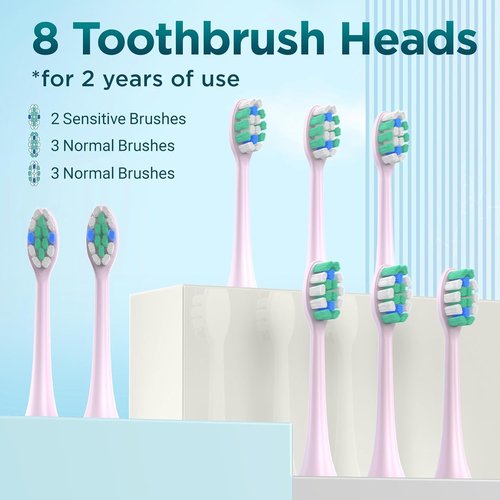 Fronix Electric Toothbrush for Adults with 8 Brush Heads, Sonic Toothbrush Rechargeable with a Holder & Travel Case, 2.5 Hours Charge for 120 Days Use - Pink