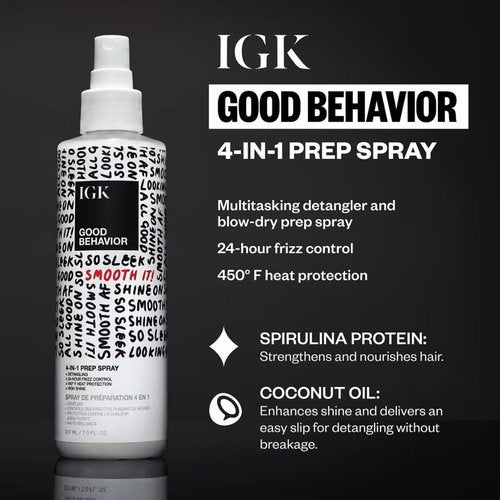IGK GOOD BEHAVIOR 4-in-1 Prep Spray | Full + Travel Size | Gently Detangles, Controls Frizz for 24 Hours, Heat Protection & Shine | Weightless Formula for Smooth Hair