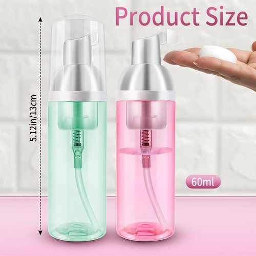 2 Pack Travel Foam Pump Bottle 60 ml/2 oz Small Size Foam Spray Bottle & Pump Bottle Dispenser for Face Wash, Lash Shampoo, Skin Care - Clear Plastic Mini Empty Refillable Containers （Pink and Green）