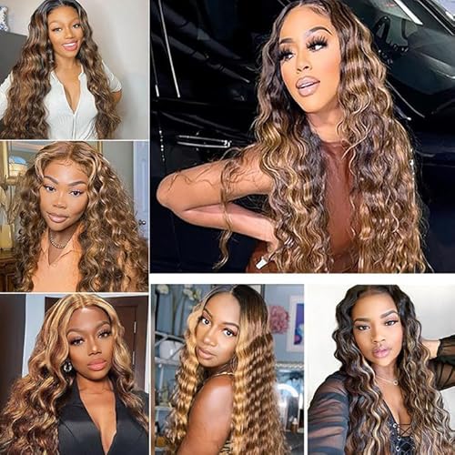 P4/27 Brazilian Human Hair Bundles Highlight Chocolate Honey Blonde 14 16 18 Inch Deep Wave Bundles Human Hair 12A Unprocessed Virgin Hair Bundles Sewn In Quick Weave for Black Women