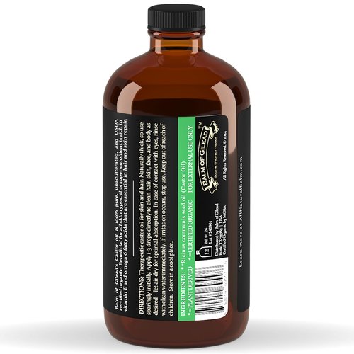 BALM OF GILEAD Organic Castor Oil for Skin Hydration - Therapeutic Cold Pressed, USDA Certified 100% Pure, Glass Bottle - 16 oz Unrefined, Hexane Free, Castor Oil for Hair & Eyelashes Growth
