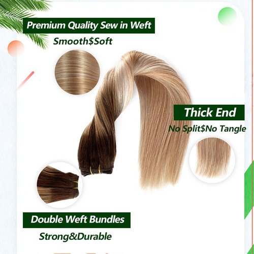 Sew In Hair Extensions 22 Inch Hand Tied Weft Human Hair 120G Blonde with Light Brown Roots Mixed Platinum Gray Sew Ins