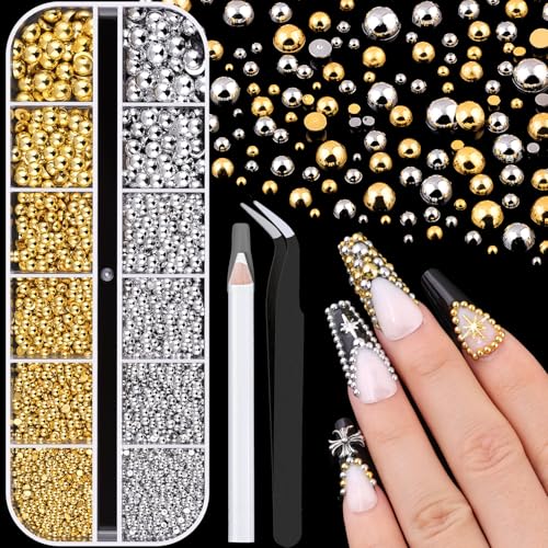 Silver and Gold Nail Charms and Gems, 1.5-5mm Half Round Flatback Nail Pearls Ball Beads for Nails with Pickup Pencil and Tweezers, Pearl Nail Charm Rhinestones for Crafting Face Hair Manicure DIY