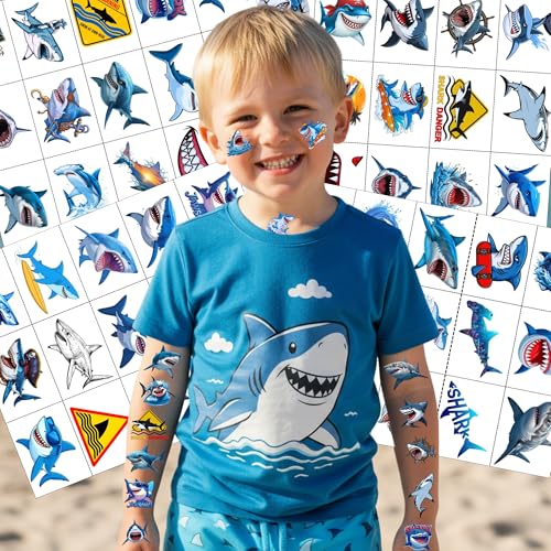 Shark Temporary Tattoos | Ocean Themed Shark Party Decorations Birthday Party Favors Supplies Accessories Stickers Under The Sea Themed Gift Idea For Kids Teen Boy Girl Adult 60Pcs 4 Sheets Pre-cut