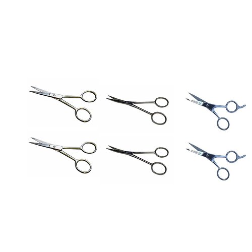 Mustache Scissors 6 Piece Set - 2 Straight (4.7 inches each), 2 Curved (4.5 inches each) and 2 Straight with Finger Rest (4.2 inches each)
