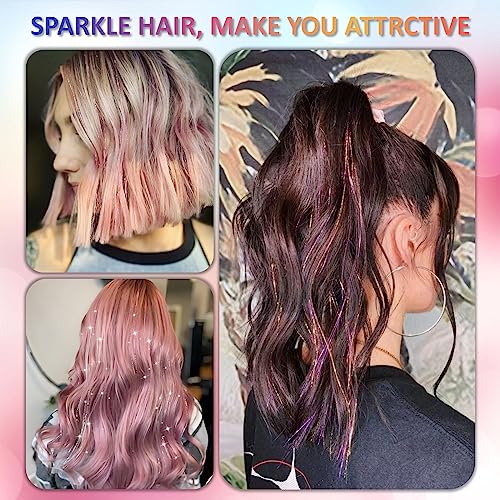 Pink Fairy Hair Tinsel Kit 48 Inches 1200 Strands with Tools and Instruction Easy to Install Glitter Tinsel Hair Extensions for Women and Girls£¬Shinny Sparkling Braiding Hair Accessories for Halloween Cosplay Party