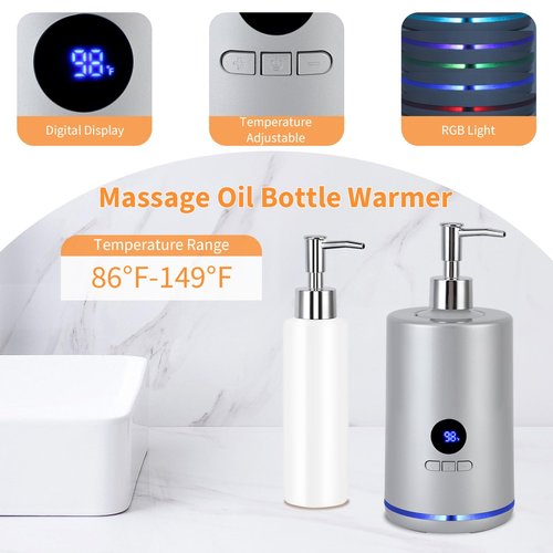 Massage Oil Warmer with 2 Bottles, Professional Electric Lotion Warmer Bottle, Digital Display, Rapid Heating, Automatic Massage Oil Heater for Salon Spa Massage (Silver)