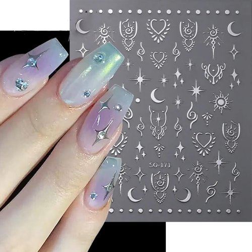 12 Sheets Metallic Sun Star Nail Art Stickers Silver Aurora Gold Moon Nail Stickers 3D Self-AdhesiveGlitter Rose Gold Silver Star Moon Nail Art Design for Women DIY Nail Decorations