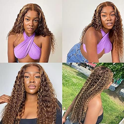 Ombr? Lace Front Wig Human Hair 4/27 Honey Blonde Highlight Curly Lace Front Wig Human Hair 13x4 Hd Lace Frontal Wigs 180% Density Deep Wave Frontal Wig 26 Inch