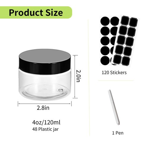 48 Pack 120ml 4 oz Empty Clear Plastic Jars with Black Lids, Refillable Round Containers for Slime,Beauty Products, powder, Cream, Scrubs, Cookie,Dried Fruit. Include 1 Pen and 120 Labels.