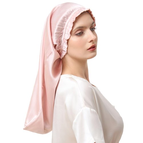 THXSILK 100% Mulberry Silk Bonnet for Sleeping Women Sleep Bonnet with Elastic Band Silk Wrap Hair Cap for Women Long Curly Hair Charming Pink