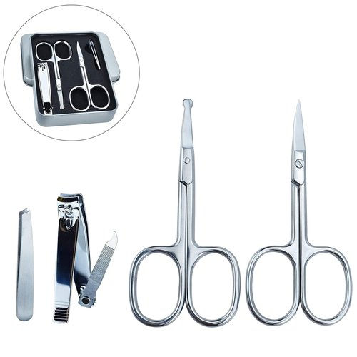 5Pcs Beauty Grooming Eyebrow Scissor Men Women Facial Nose Hair Scissor Curved Round Blunt Mustache Beard Manicure Pedicure Trimmer Set Stainless Steel Slant Tweezers Nail Clipper Pet Dog Scissor Kit