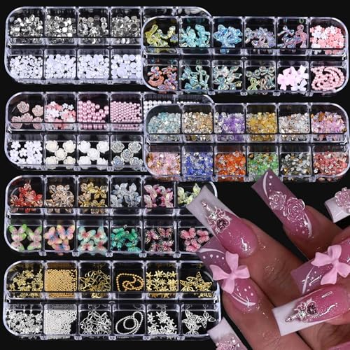 Nail Charms, Multi Shape Nail Rhinestones Kit 3D Multi Shape Nail Gems Colorful Butterfly Flowers Nail Crystals Flat Back Nail Pearls for Nail Art Supplies DIY Accessories 6 Boxes