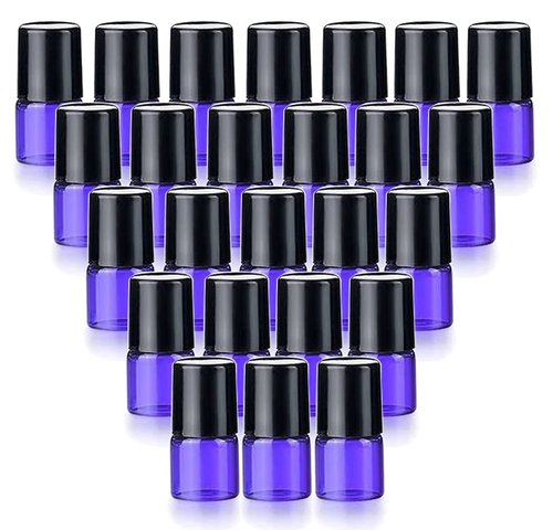 25 Pack 1ml (1/4 Dram) Colorful Glass Roll On Glass Bottles for Essential Oils,Empty Glass Vial with Stainless Steel Roller Balls Perfume Aromatherapy Travel Roll On Container-5 Color Options (Blue)