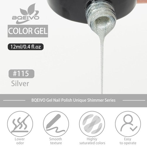 BQEIVO Gel Nail Polish 12 ml Dreamy,shimmery gel nail polish with lasting shine Cured with UV lamp Ideal for at-home manicure, beach parties, and nail art (Stardust Silver)