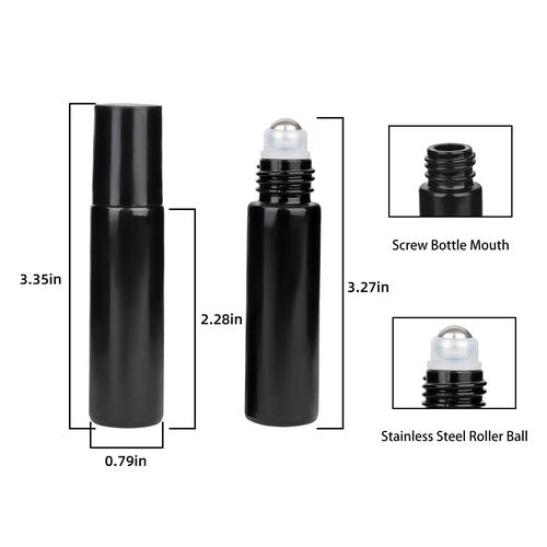 HLYHTGZ 10ml Glass Essential Oil Roller Bottle, 24PCS Black Essential Oil Roller Bottles with Stainless Steel Rollers - Refillable, Leak-Proof Design, Suitable for Travel and DIY Skincare Products.