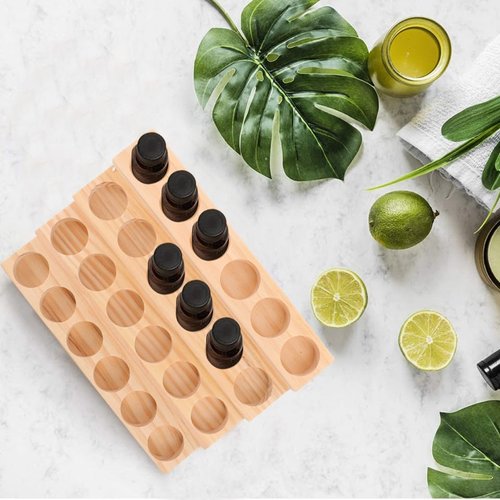 Healifty Essential Oil Storage Rack Wooden Nail Polish Display Holder 24 Slots 30ML Cosmetic Perfume Bottle Organizer Shelf for Makeup Bottles Nail Salon Bedroom