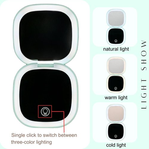 YABAHU Makeup Mirror with Lights - Dual-Sided Green LED Pocket Mirror, 1X/5X Magnifying Travel Mirror, 3 Light Modes, Rechargeable Handheld Mirror for On-The-Go Makeup, Grooming, and Gifts