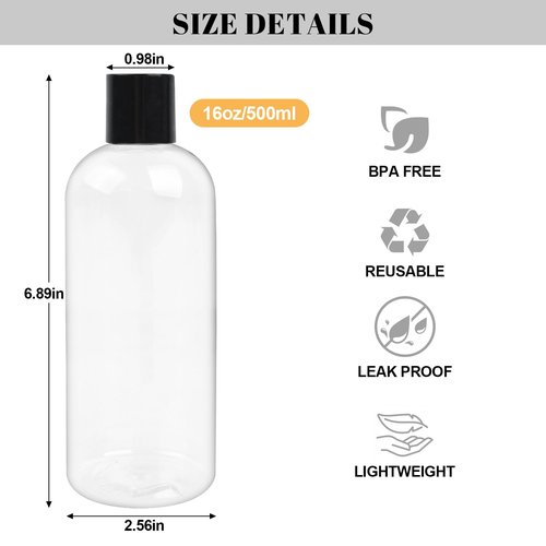 Neendohome 16 oz BPA Free Plastic Suqeeze Bottles with Black Disc Caps Refillable Travel Containers for Toiletries Shampoo conditioner Lotions Liquid Soap Shower Gel (24Pack, Clear)
