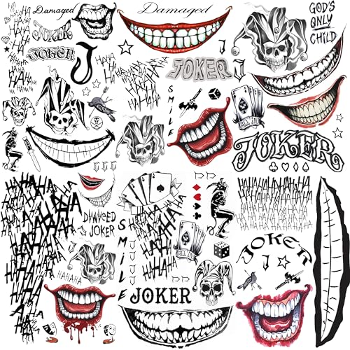 COKTAK 6 Sheets Joker Temporary Tattoos For Men Women Kids Halloween Makeup Kit Cosplay Costume, 3D Halloween Face Tattoos Prison Prisoner Inmate Gothic Rapper, Fake Clown Joker Tattoos Stickers