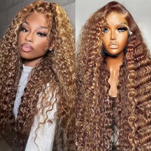 13x6 Highlight Ombre Lace Front Wigs Human Hair P4/27 Honey Blonde Lace Frontal Wigs Human Hair 200 Density Colored deep Curly Glueless Lace Front Wigs Pre Plucked with Baby Hair for Women (24 Inch)
