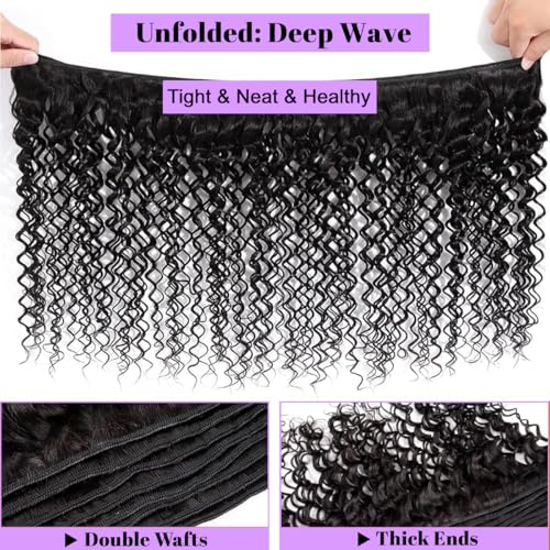 28 Inch Deep Wave Human Hair Bundles 1 Bundles Deep Wave Bundles 100% Unprocessed Brazilian Virgin Hair Curly Bundle Hair Extensions Real Human Hair Wavy Quick Weave Bundle Natural Black