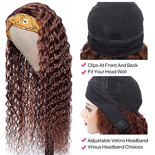 28 Inch #4 Chocolate Brown Headband Wig Human Hair 150% Density Grade 8A Unprocessed Brazilian Virgin Hairs Machine Made Brown Deep Wave Headband Wig Human Hair None Lace Front Wig