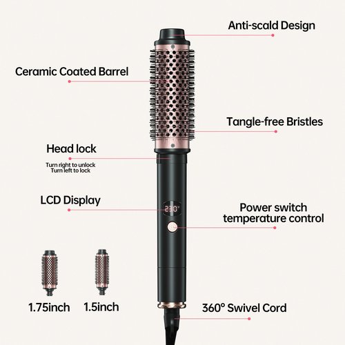 2in1 Negative Ion Thermal Brush -Heated Round Brush, Curling Iron 1 1/2 Inch& Curling Iron 1 3/4 Inch, 5 Temperature Settings,Dual Voltage