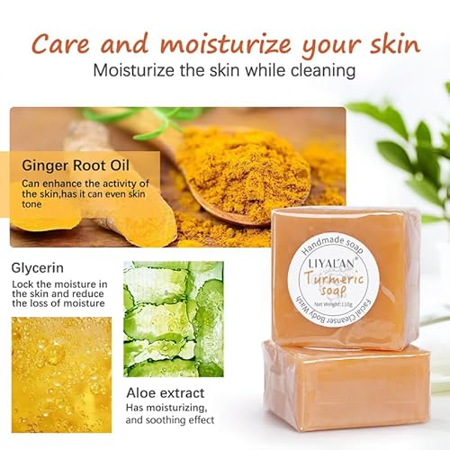 LIYALAN Turmeric Soap Bar 3.88 oz each Bar for Face and Body evens out skin tone,Smooth Skin,Cleansing Handmade Soap contains 3 bars with a fresh ginger and lemongrass scent