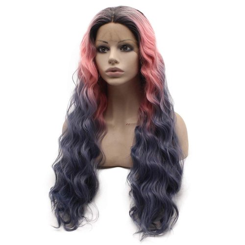 MX angel Long Dark Roots Pink Gray Ombre Heat Friendly Fiber Lace front Cosplay Party Wig