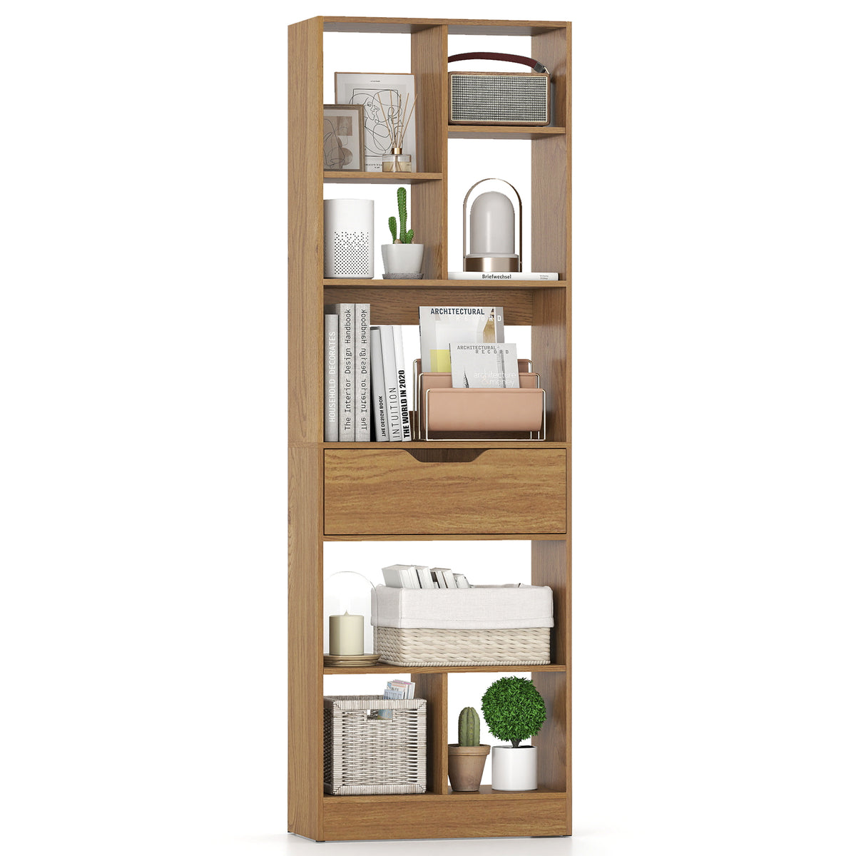 61-Inch Tall Bookcase with Drawer, 8-Cube Storage Organizer - Natural