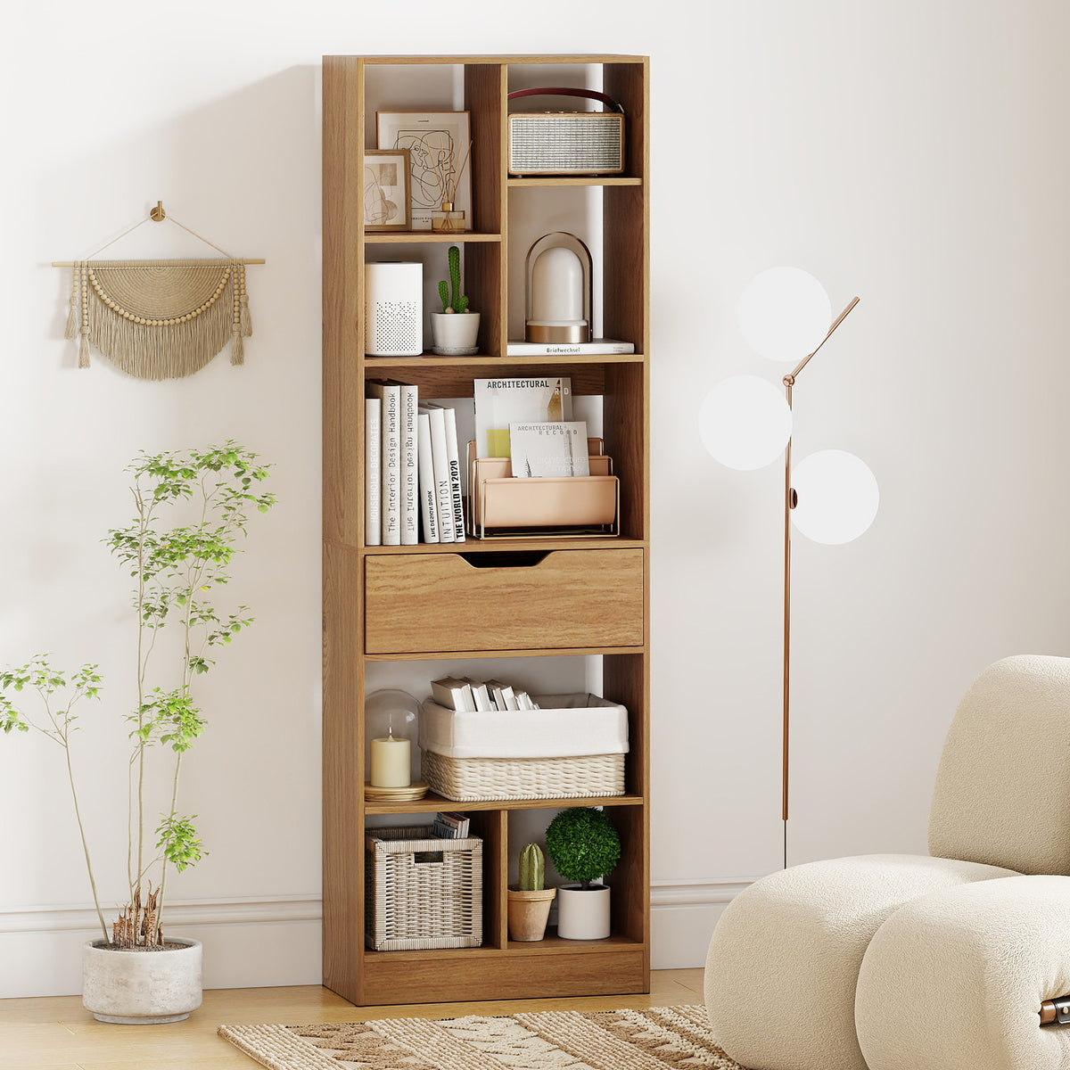 61-Inch Tall Bookcase with Drawer, 8-Cube Storage Organizer - Natural