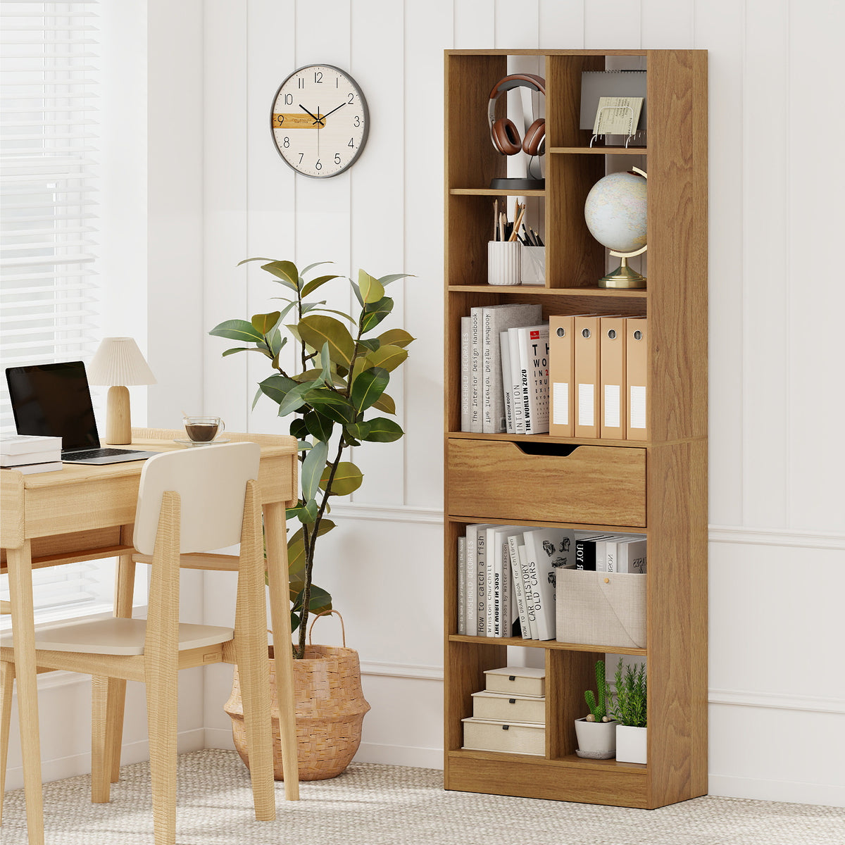 61-Inch Tall Bookcase with Drawer, 8-Cube Storage Organizer - Natural