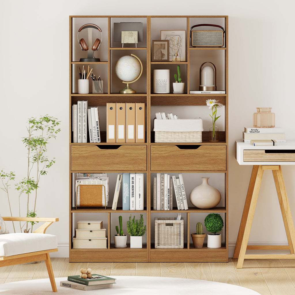 61-Inch Tall Bookcase with Drawer, 8-Cube Storage Organizer - Natural