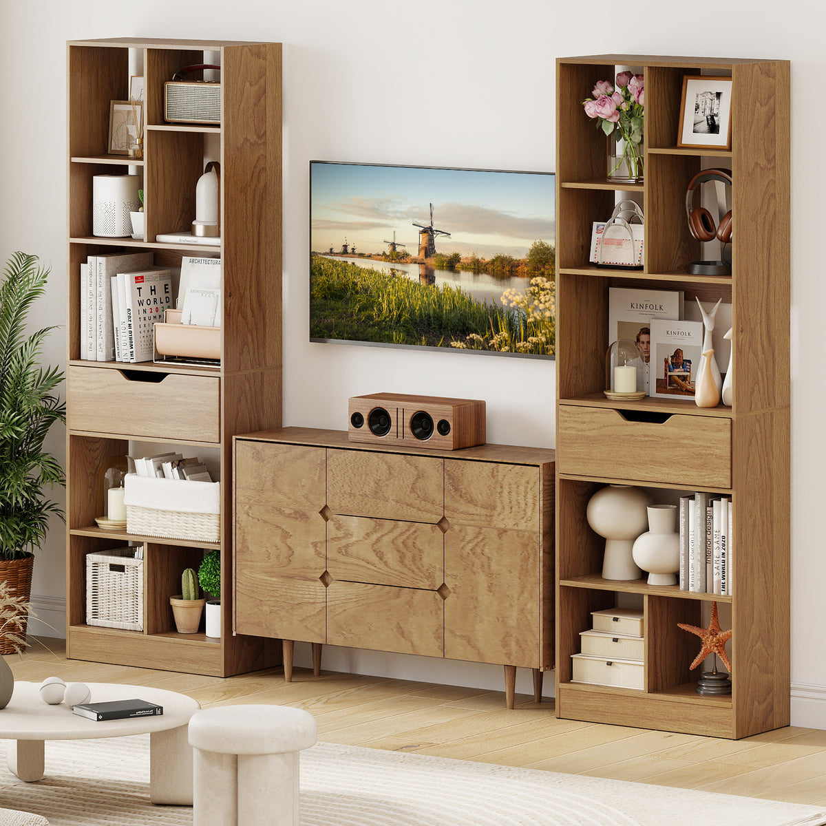 61-Inch Tall Bookcase with Drawer, 8-Cube Storage Organizer - Natural