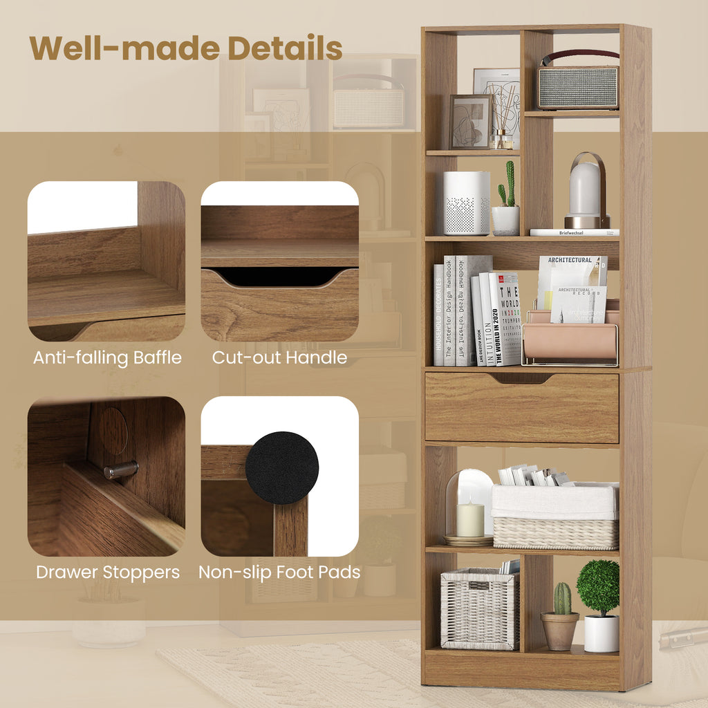 61-Inch Tall Bookcase with Drawer, 8-Cube Storage Organizer - Natural