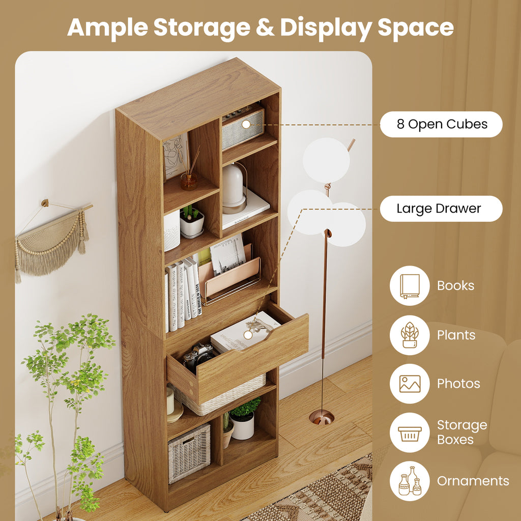 61-Inch Tall Bookcase with Drawer, 8-Cube Storage Organizer - Natural