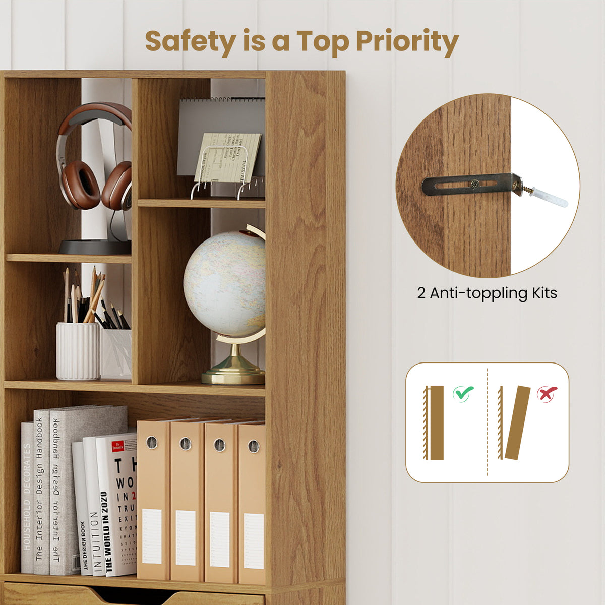 61-Inch Tall Bookcase with Drawer, 8-Cube Storage Organizer - Natural