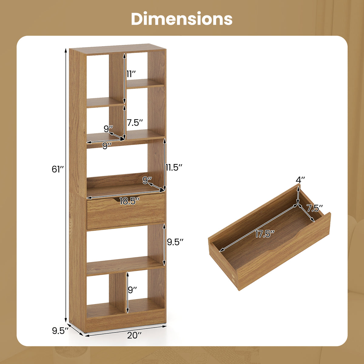 61-Inch Tall Bookcase with Drawer, 8-Cube Storage Organizer - Natural