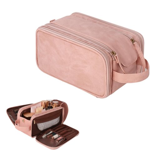LANTIM Makeup Travel Bag Cosmetic Bag, Toiletry Bag for Women Large Capacity PU Leather Make Up Organizer Dorm Room Essentials (Pink)