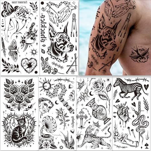 Tazimi 12 Sheets Large Black Old School Temporary Tattoos for Women Men& Adult, Traditional American Retro Styles Half Arm/DIY Free Combination Waterproof Classic Fake Tattoos Tattoo