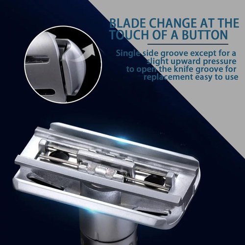 6-speed adjustable dual-blade safety razor with 10 platinum-coated stainless steel blades. Includes optional stand. Comes with complimentary travel pouch. (Silver)