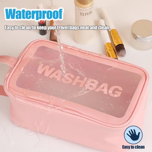 YIMIKE Travel Toiletry Bag,Clear Makeup Bag,Cosmetics Bag,Transparent Skin Care Bag,Waterproof & Draining Make up Bags,PVC Toiletry Organizer Thickened Wash Bag for Women Men (Small-Pink)