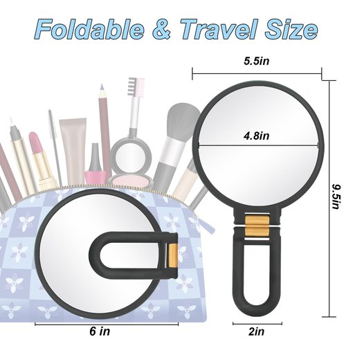 Martvex 1x 20x Magnifying Travel Mirror, Hand Mirror with Handle - Double Side Hand Held Mirror with 1x 20x Magnification & Foldable Handle, Portable Travel Makeup Hand Mirror for Women (Black)
