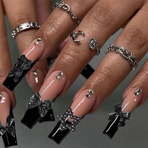 COOSLIM 110 Pieces 3D Nail Charms for Acrylic Nails, Camellia Rose Flower Butterfly Bowknot Heart Bear Rabbit Star Charms for Nail Art Designs DIY Accessories Craft(Black+2)