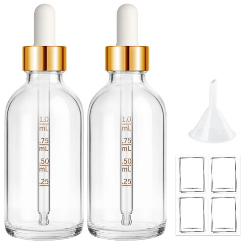 Bumobum 2 Pack, 2 oz Golden Cap Clear Glass Eye Dropper Bottle with Labels and Funnel, Leakproof Tincture Bottle with Measured Dropper for Essential Oils Bottles