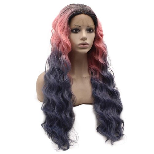 MX angel Long Dark Roots Pink Gray Ombre Heat Friendly Fiber Lace front Cosplay Party Wig